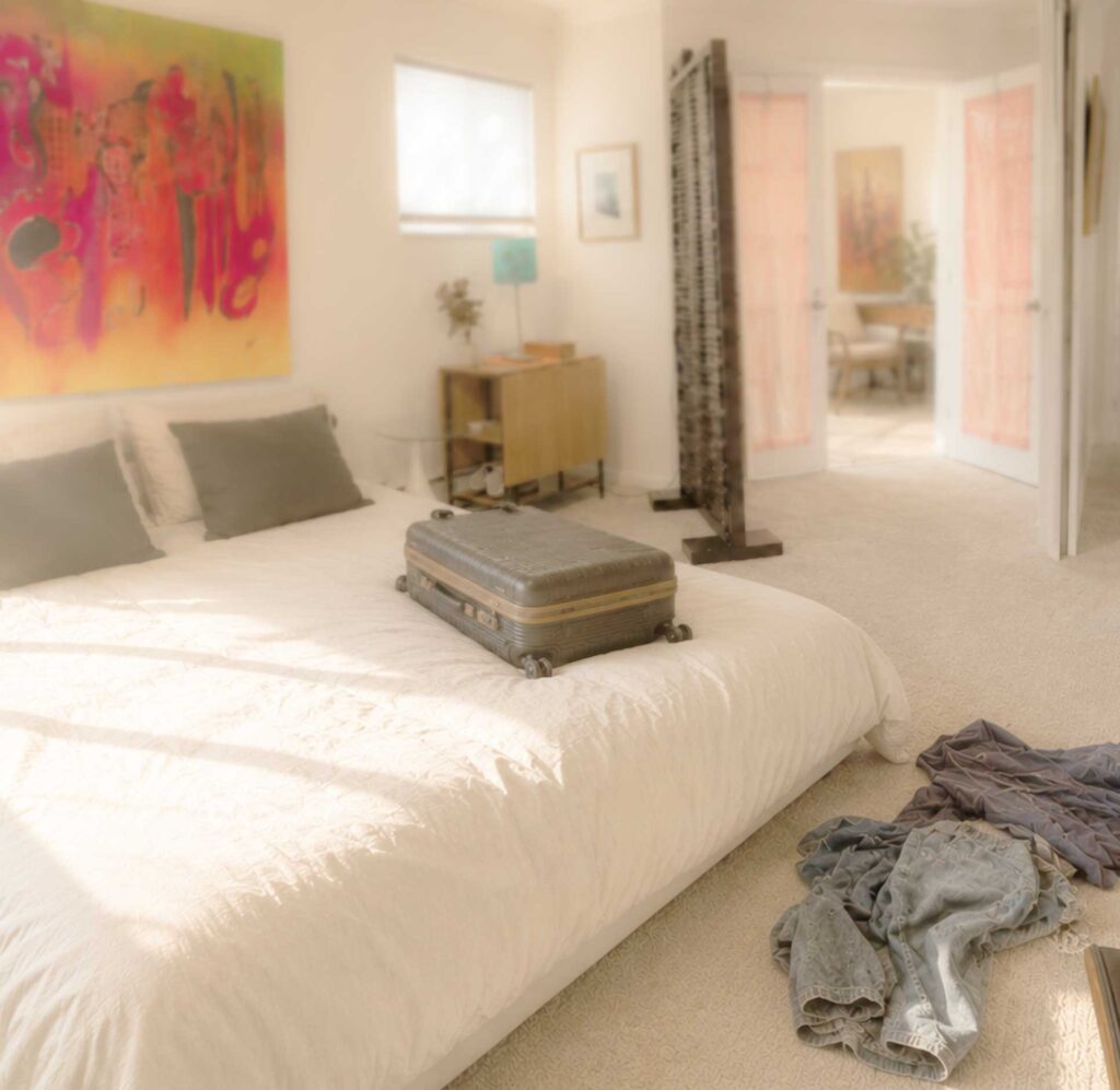 photo of bedroom with unopened suitcase on bed and crumpled clothing on floor